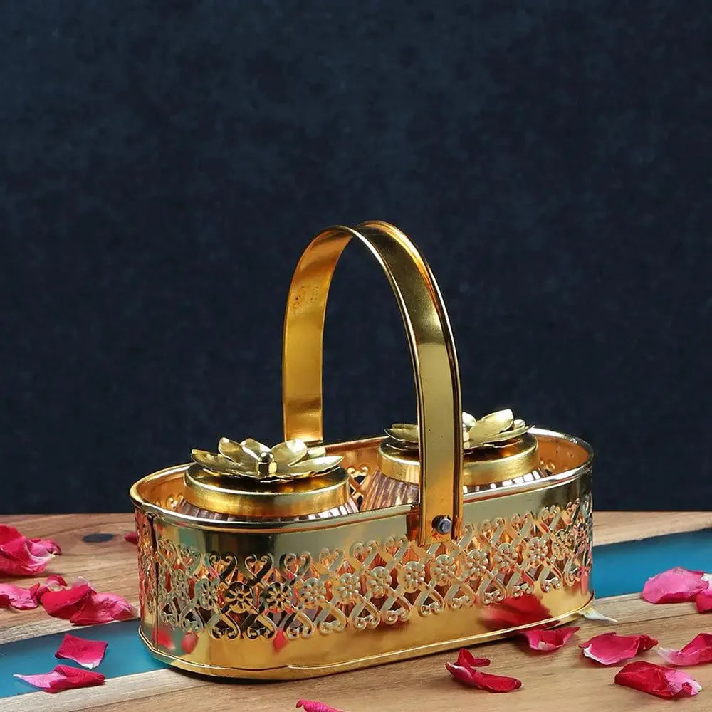 Elegant Dual-Lotus 2 Jars with Ornate Metal Basket