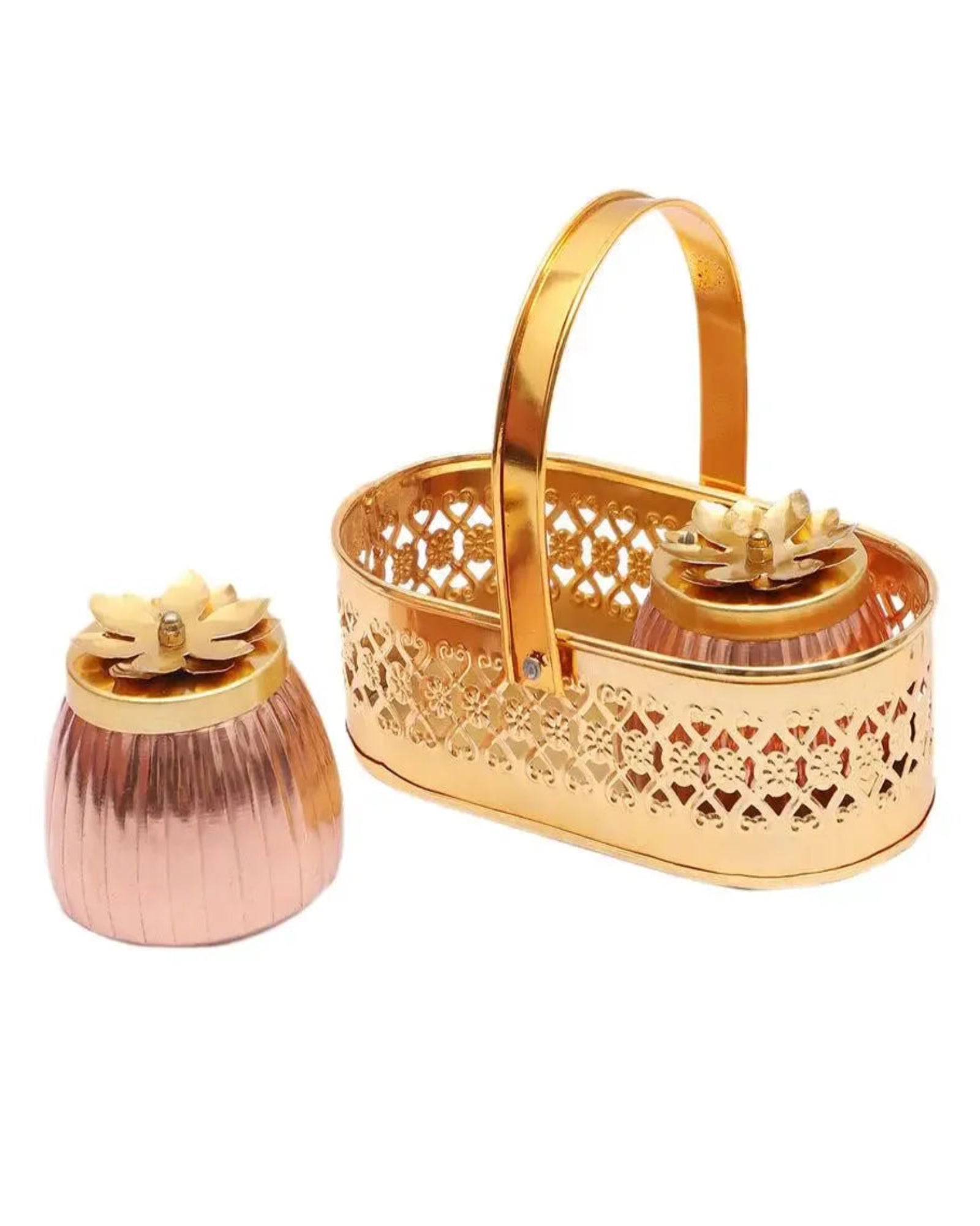 Elegant Dual-Lotus 2 Jars with Ornate Metal Basket