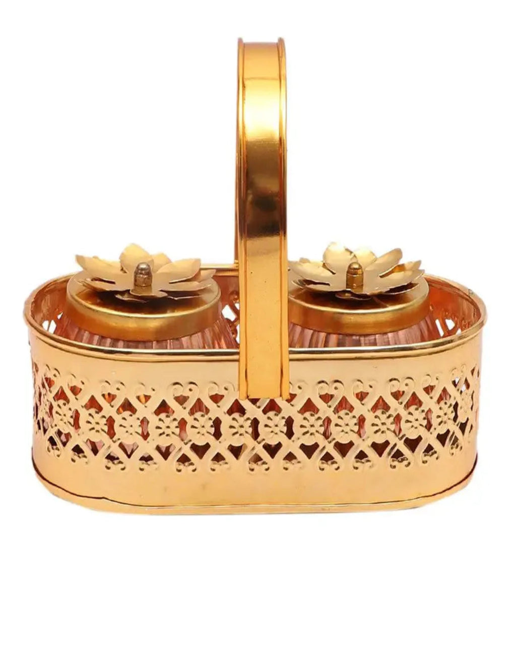 Elegant Dual-Lotus 2 Jars with Ornate Metal Basket