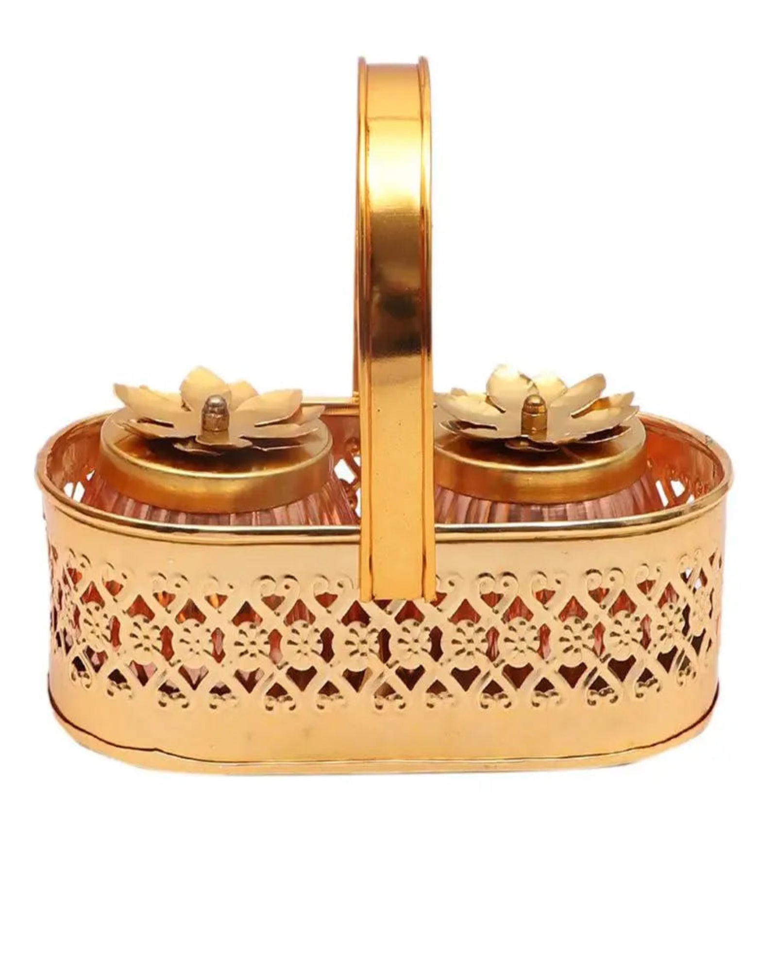 Elegant Dual-Lotus 2 Jars with Ornate Metal Basket