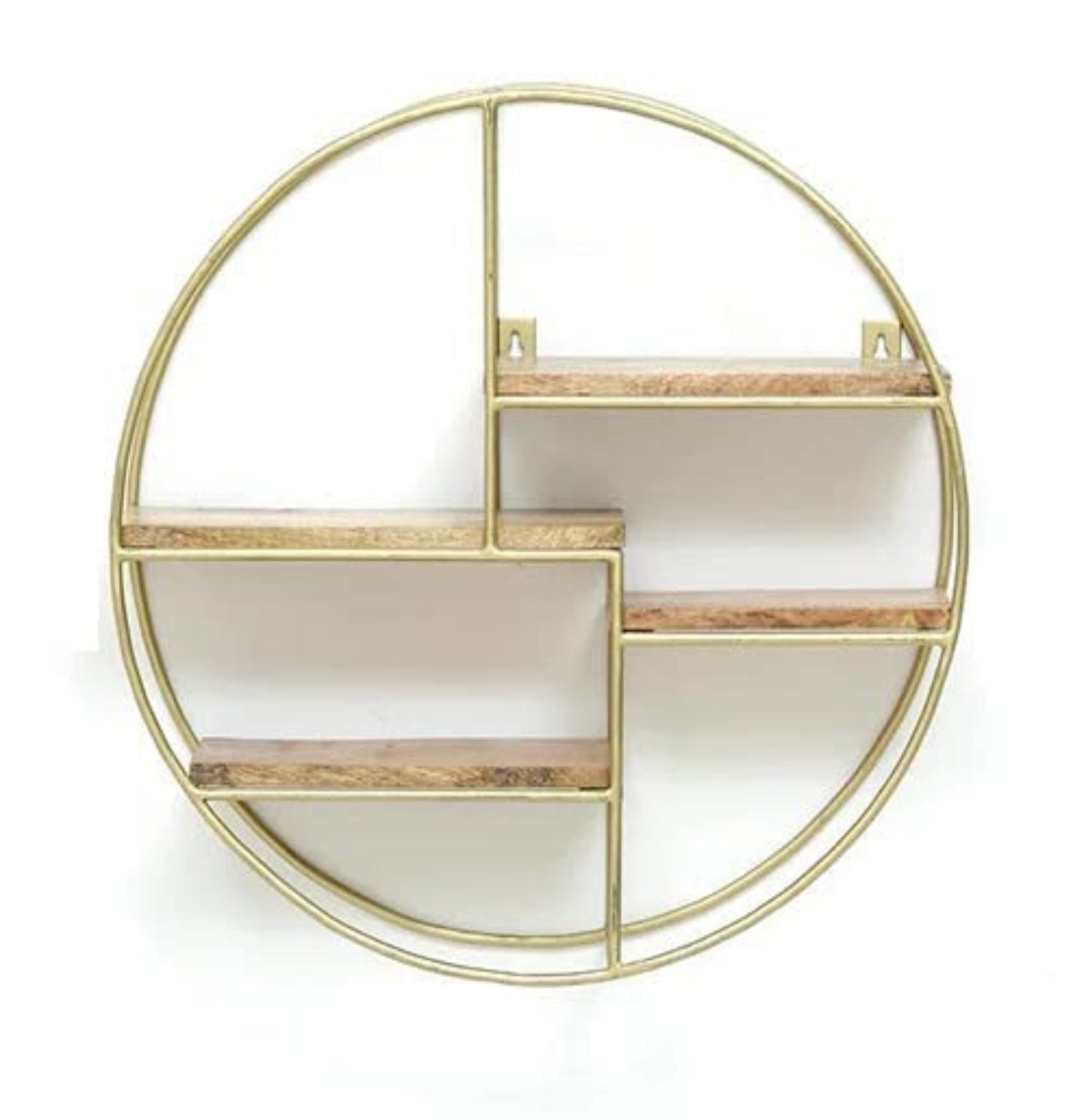 Modern Round Wall Shelf with Wooden Tiers & Gold Metal Frame