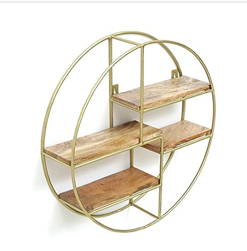 Modern Round Wall Shelf with Wooden Tiers & Gold Metal Frame