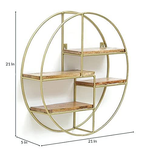 Modern Round Wall Shelf with Wooden Tiers & Gold Metal Frame