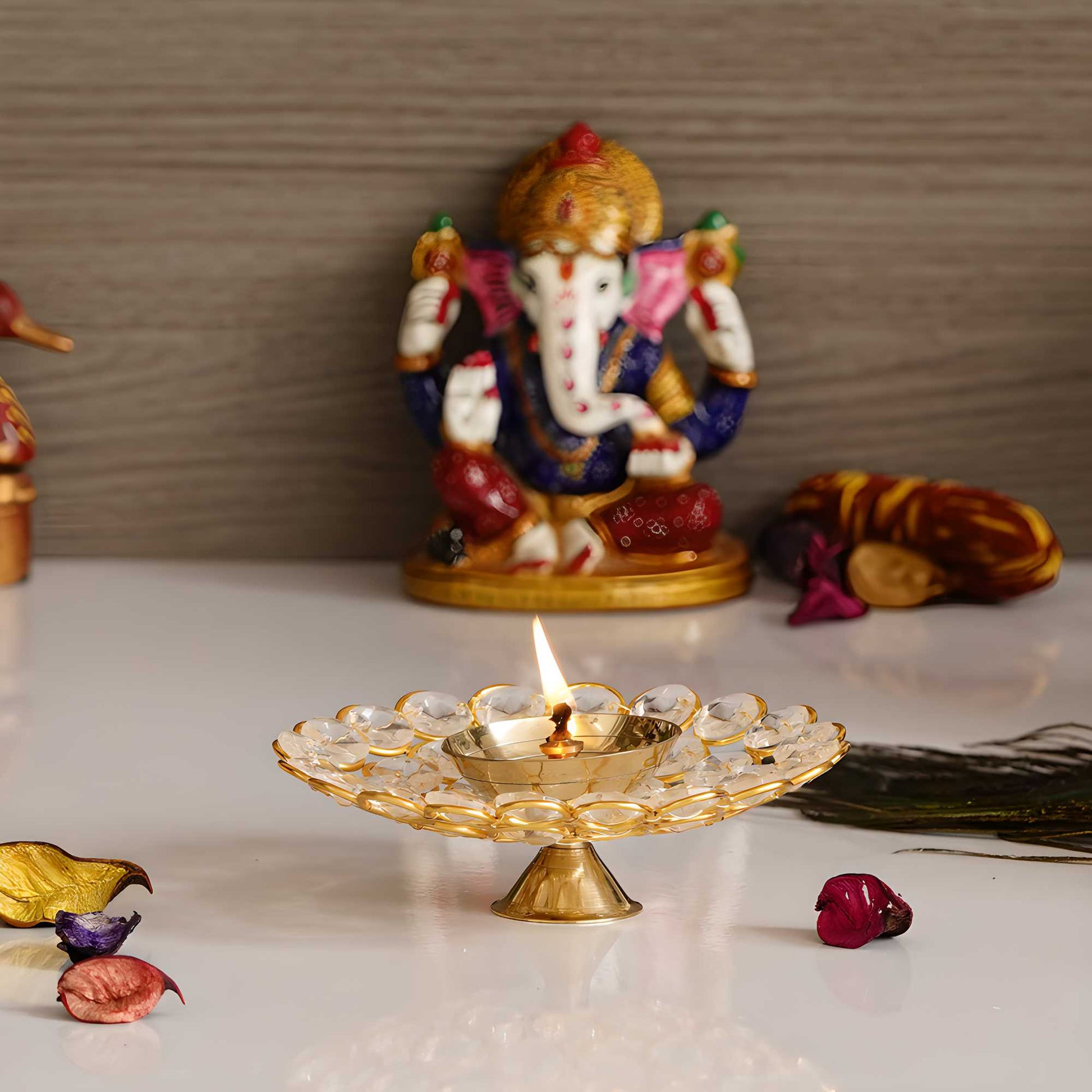 Crystal-Embellished Brass Pooja Diya
