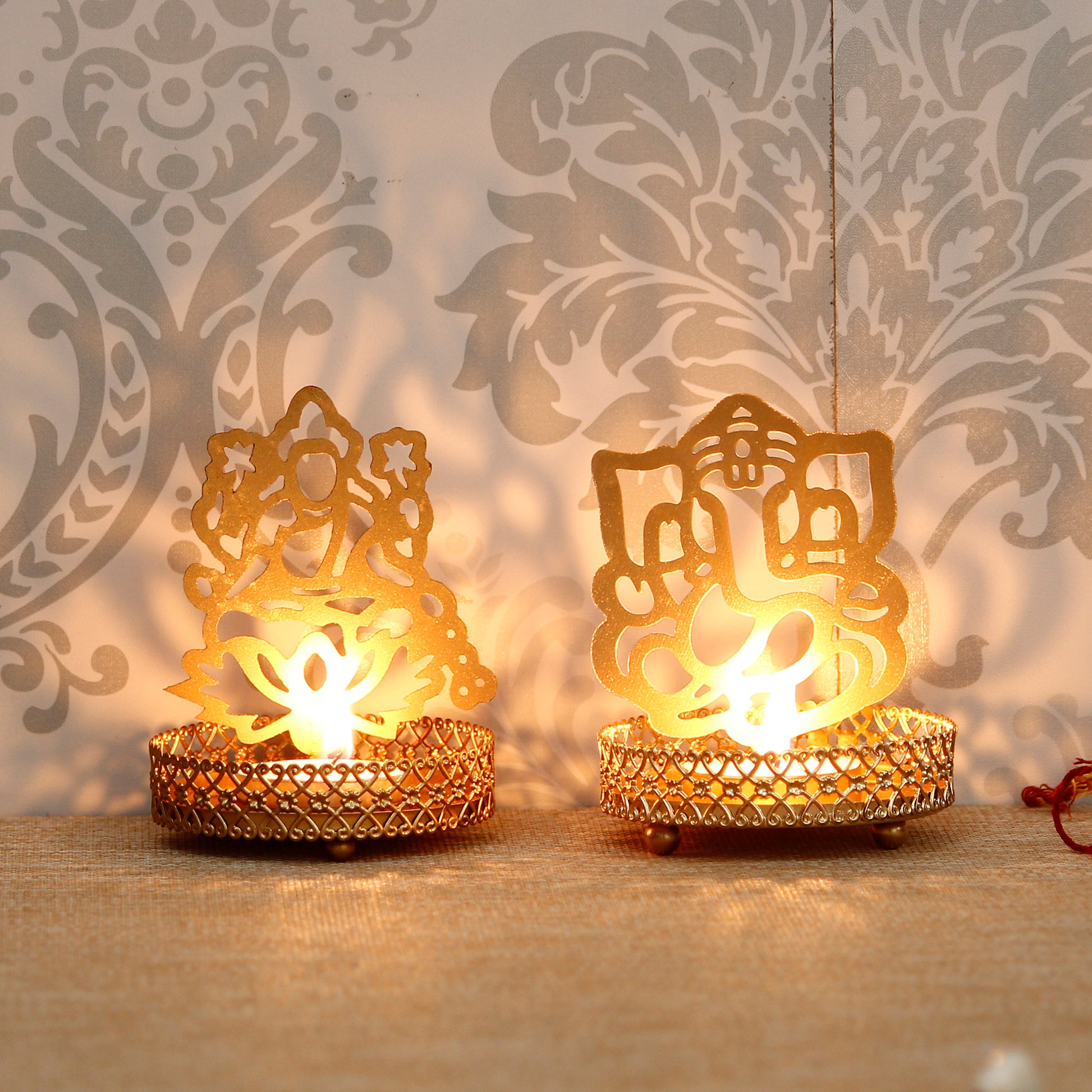 Set of 2 Decorative Ganesha & Lakshmi Metal Tea Light Holders