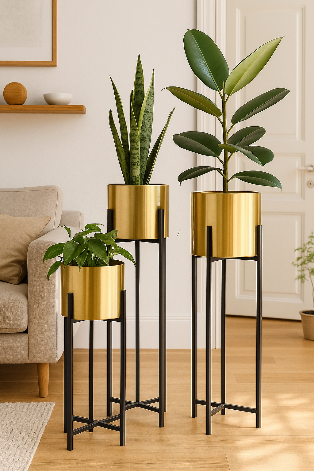 Luxury Gold Metal Planters with Black Iron Stand – Set of 3