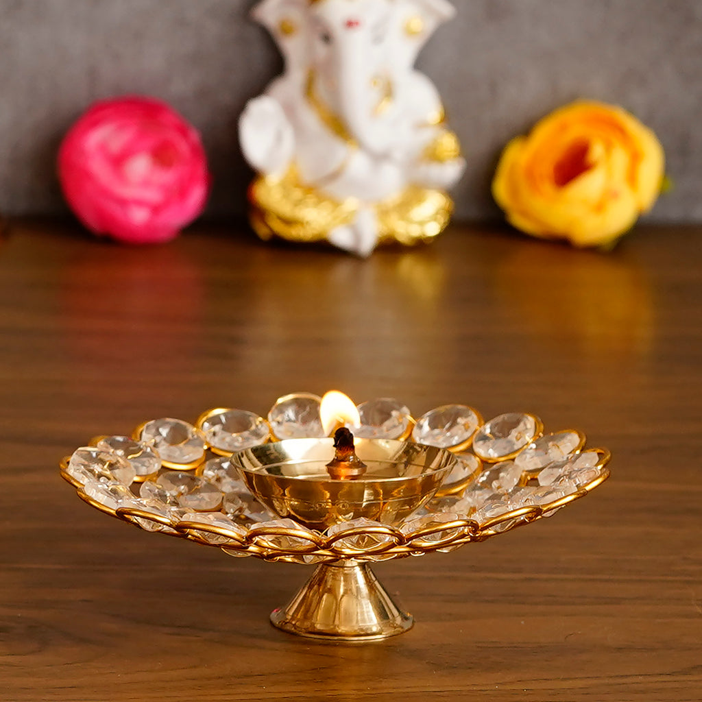 Crystal-Embellished Brass Pooja Diya