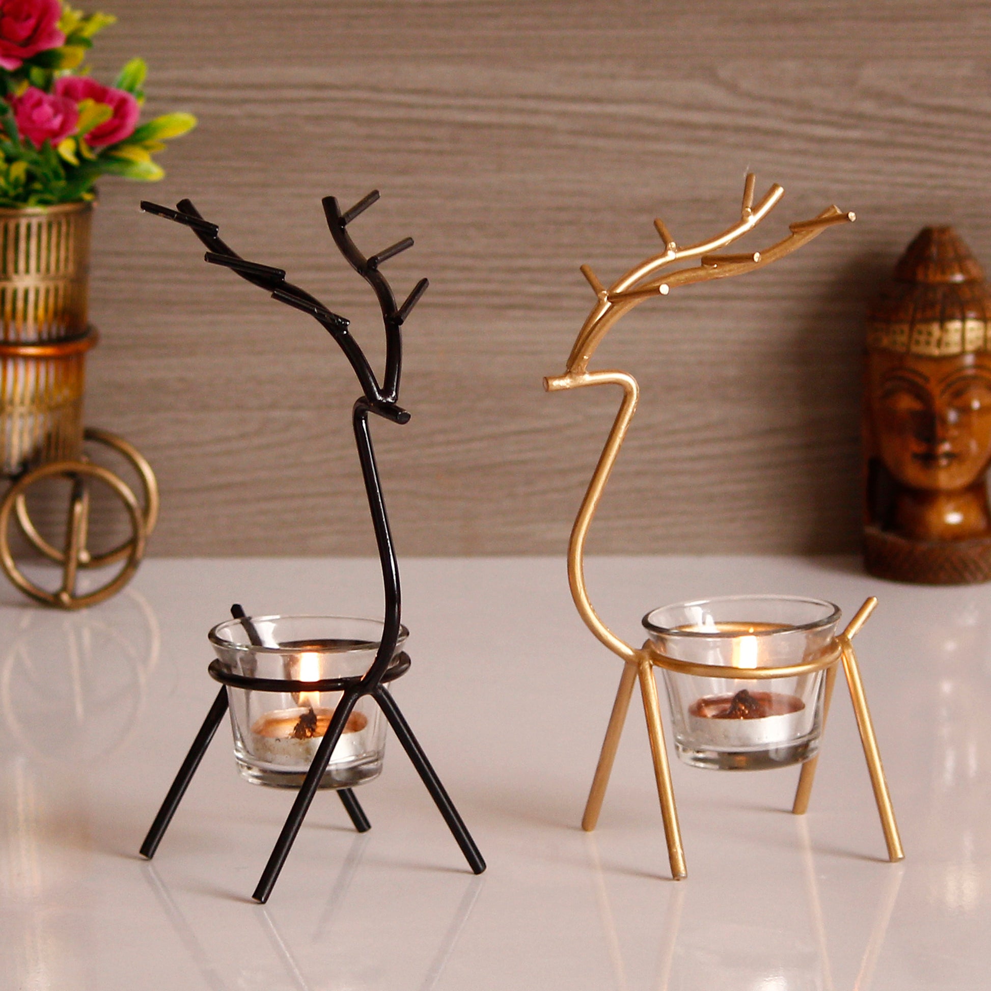 Reindeer-Shaped Metal Tea Light Candle Holders - Set of 2