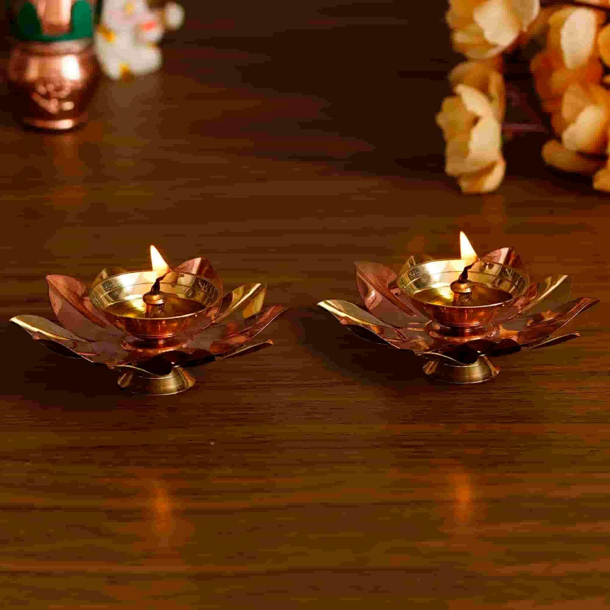 Set of 2 Lotus Design Brass Diyas