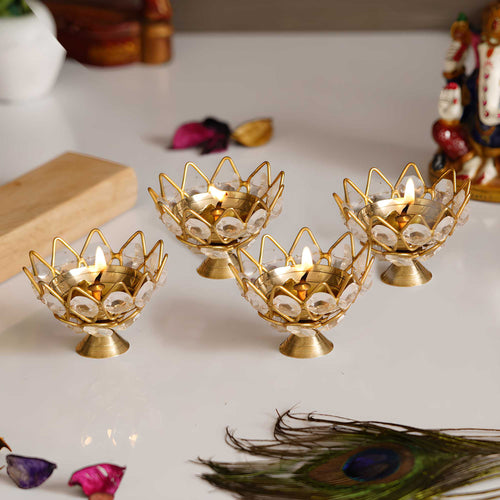 Crystal Lotus Brass Tea Light Holders - Set of 4