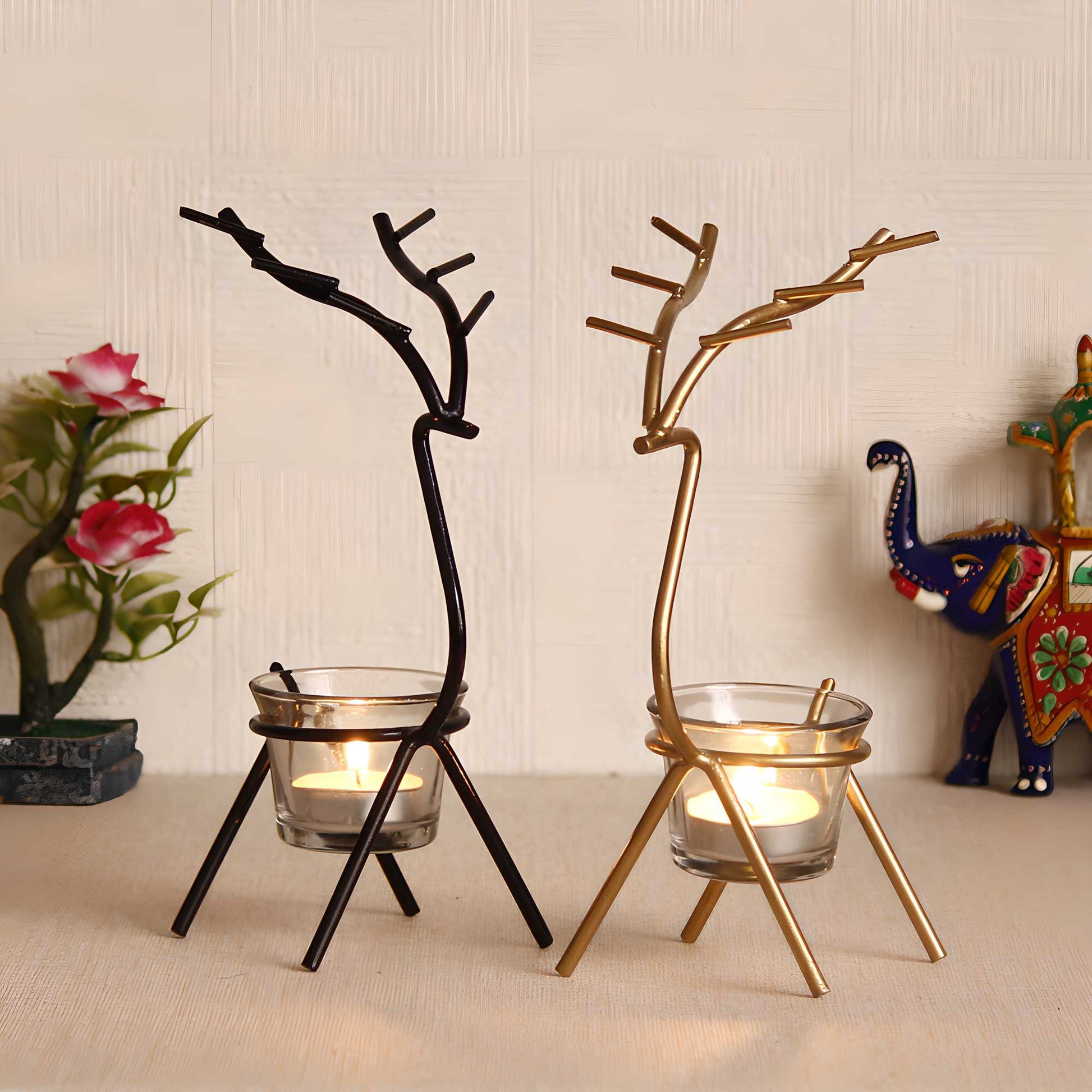 Reindeer-Shaped Metal Tea Light Candle Holders - Set of 2