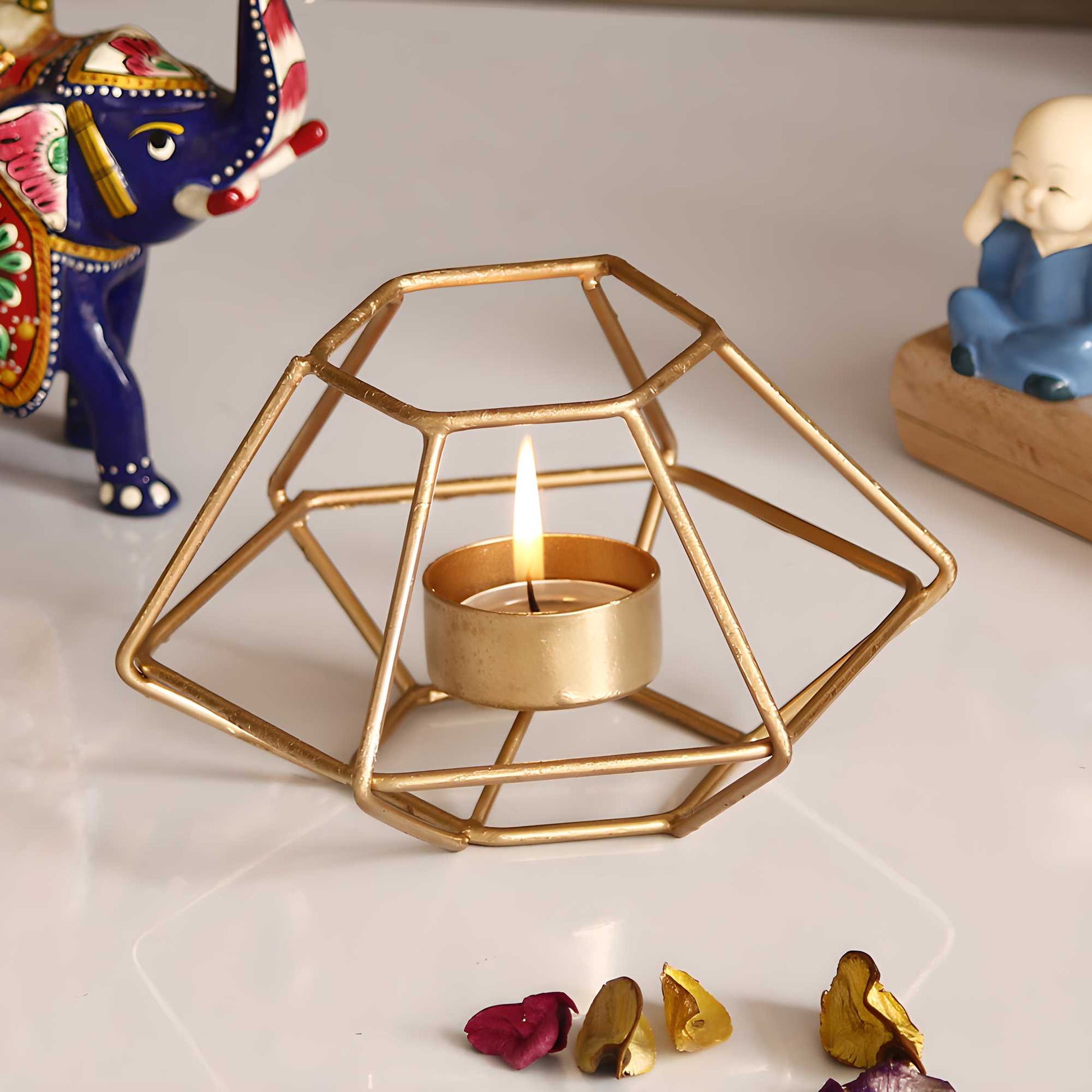 Geometric Metal Tea Light Candle Holder – Gold Finish