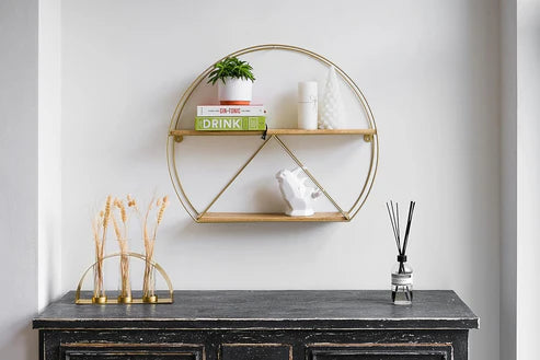 Geometric Round Wall Shelf with Gold Metal Frame & Dual Wooden Tiers