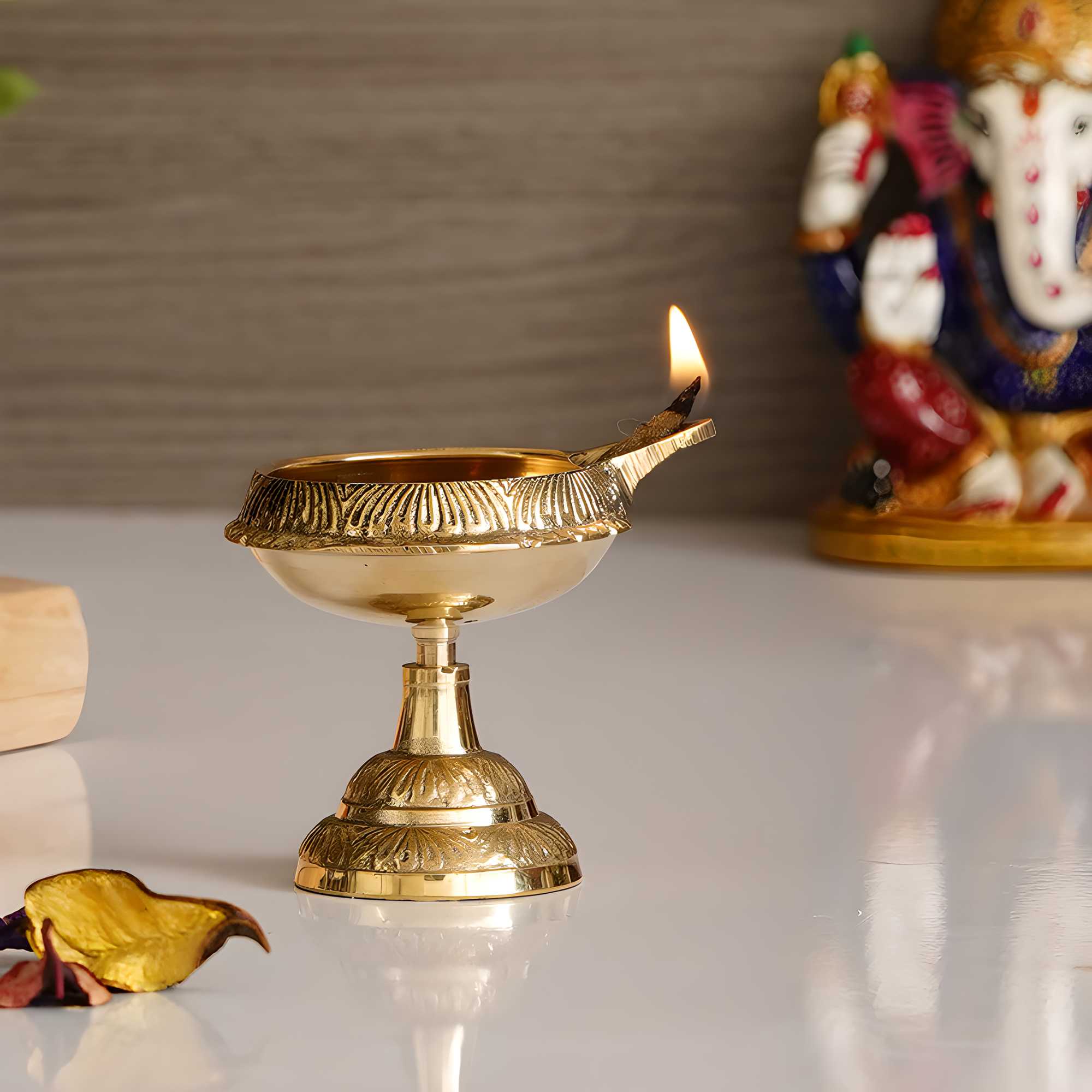 Traditional Brass Oil Diya with Intricate Carvings – Pedestal Base