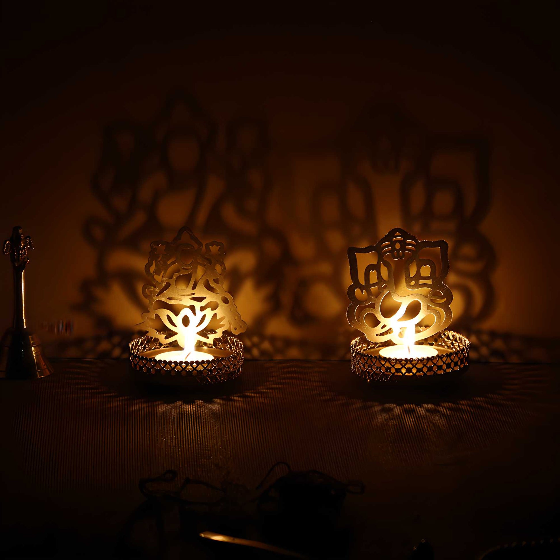 Set of 2 Decorative Ganesha & Lakshmi Metal Tea Light Holders