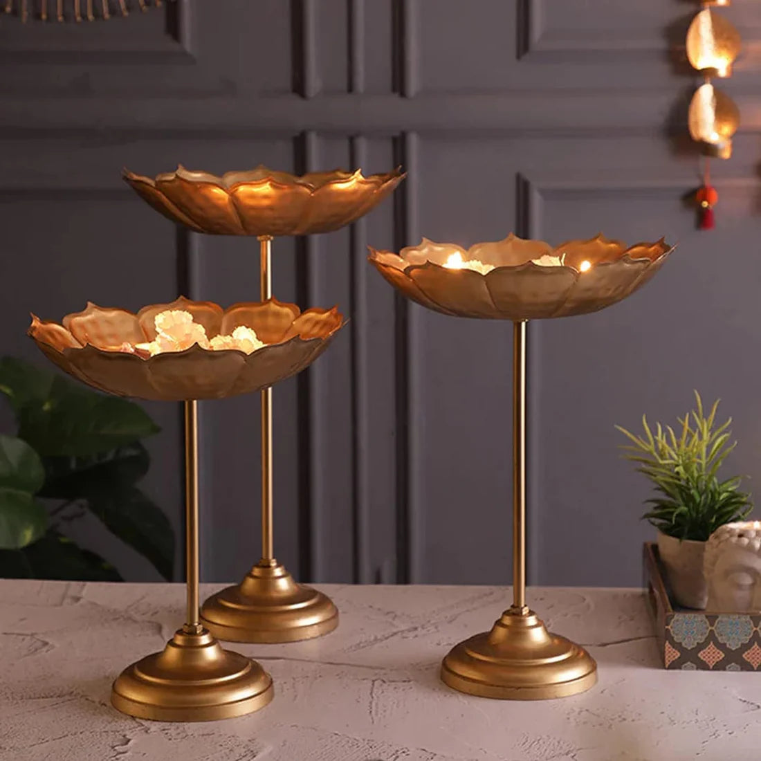 Metal Lotus Flower Diya Stand – Set of 3