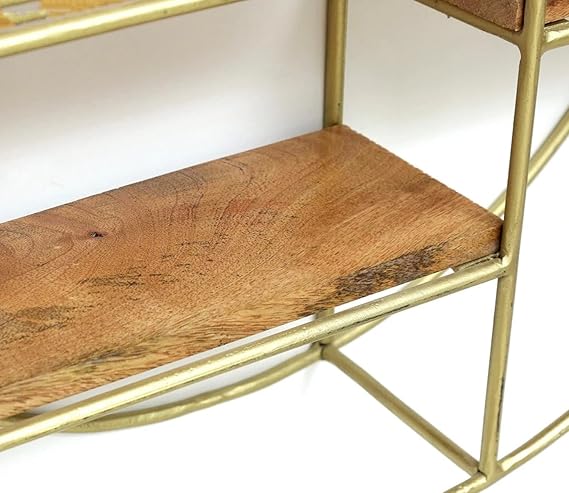 Modern Round Wall Shelf with Wooden Tiers & Gold Metal Frame