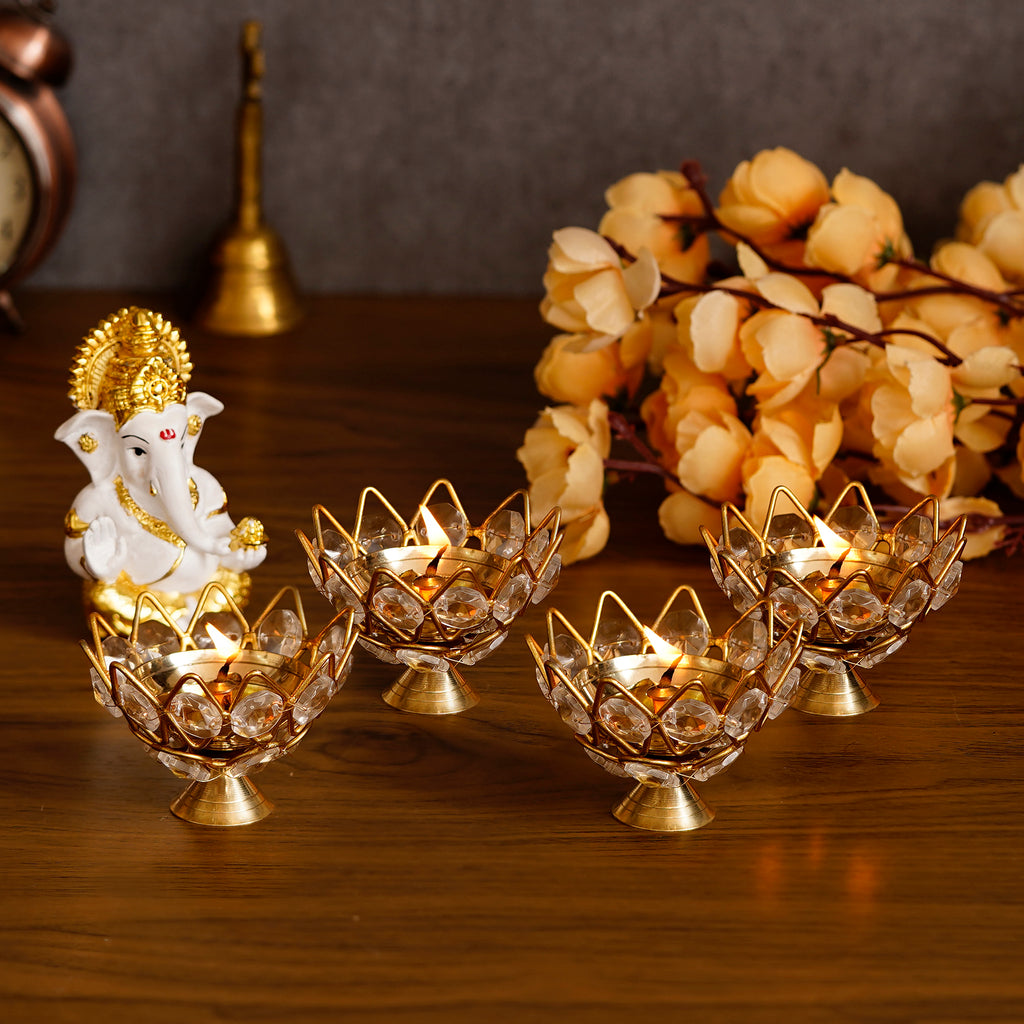 Crystal Lotus Brass Tea Light Holders - Set of 4