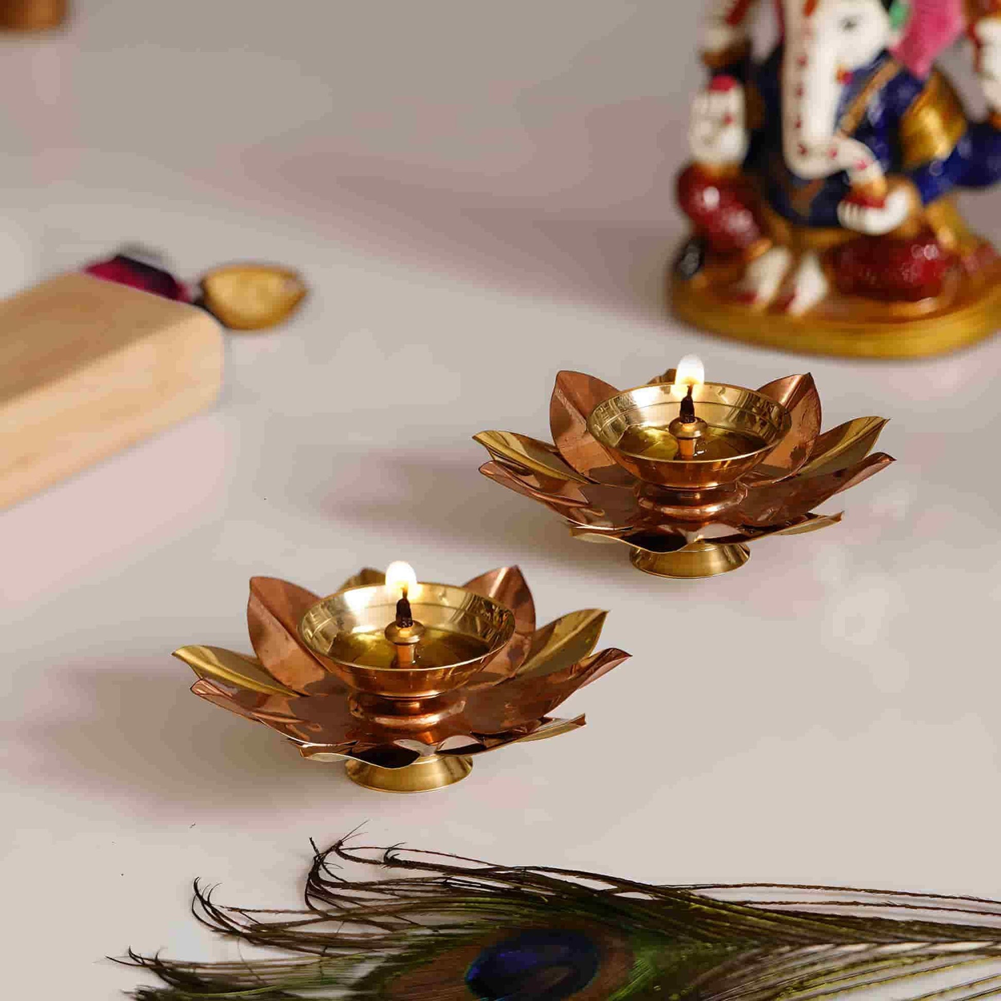 Set of 2 Lotus Design Brass Diyas