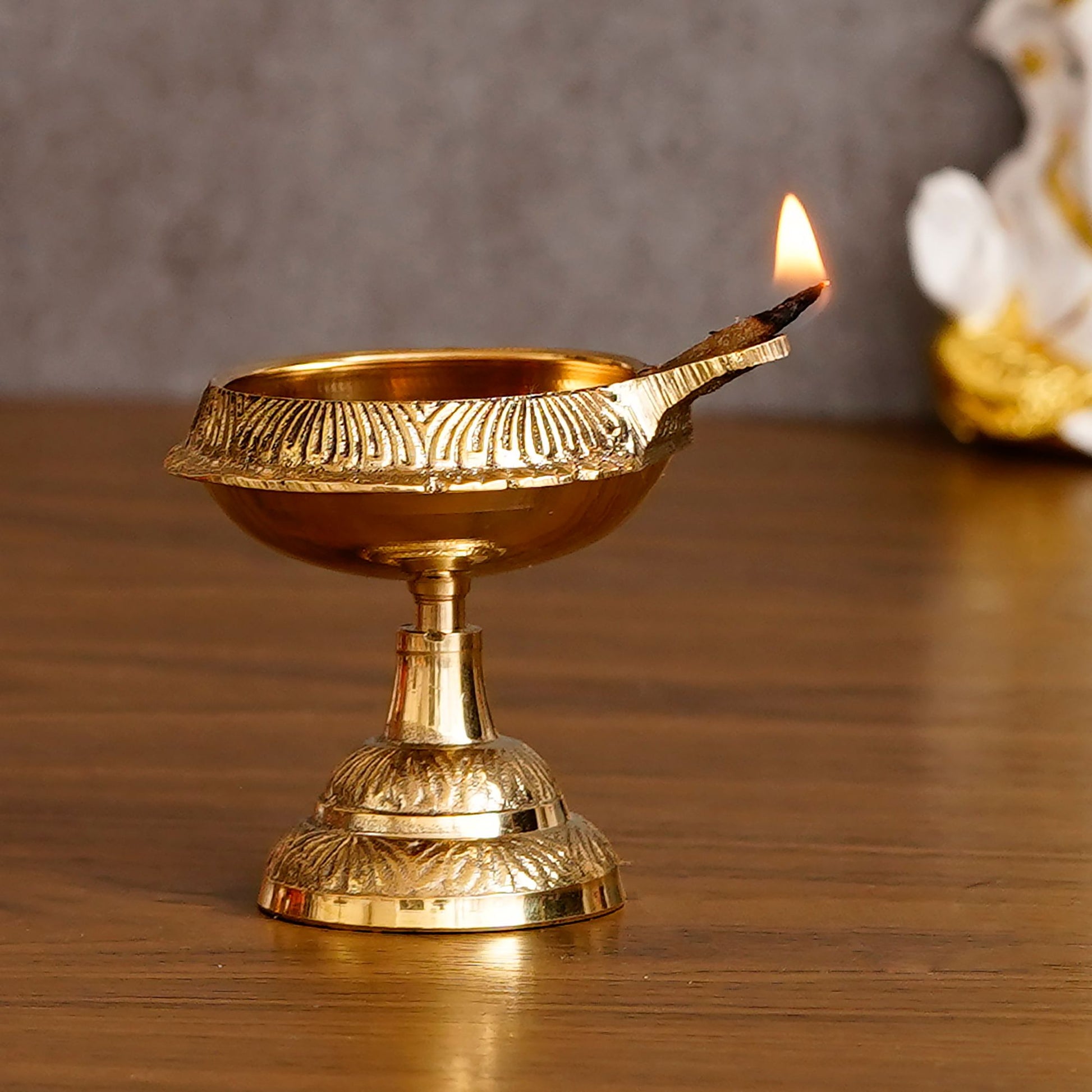 Traditional Brass Oil Diya with Intricate Carvings – Pedestal Base