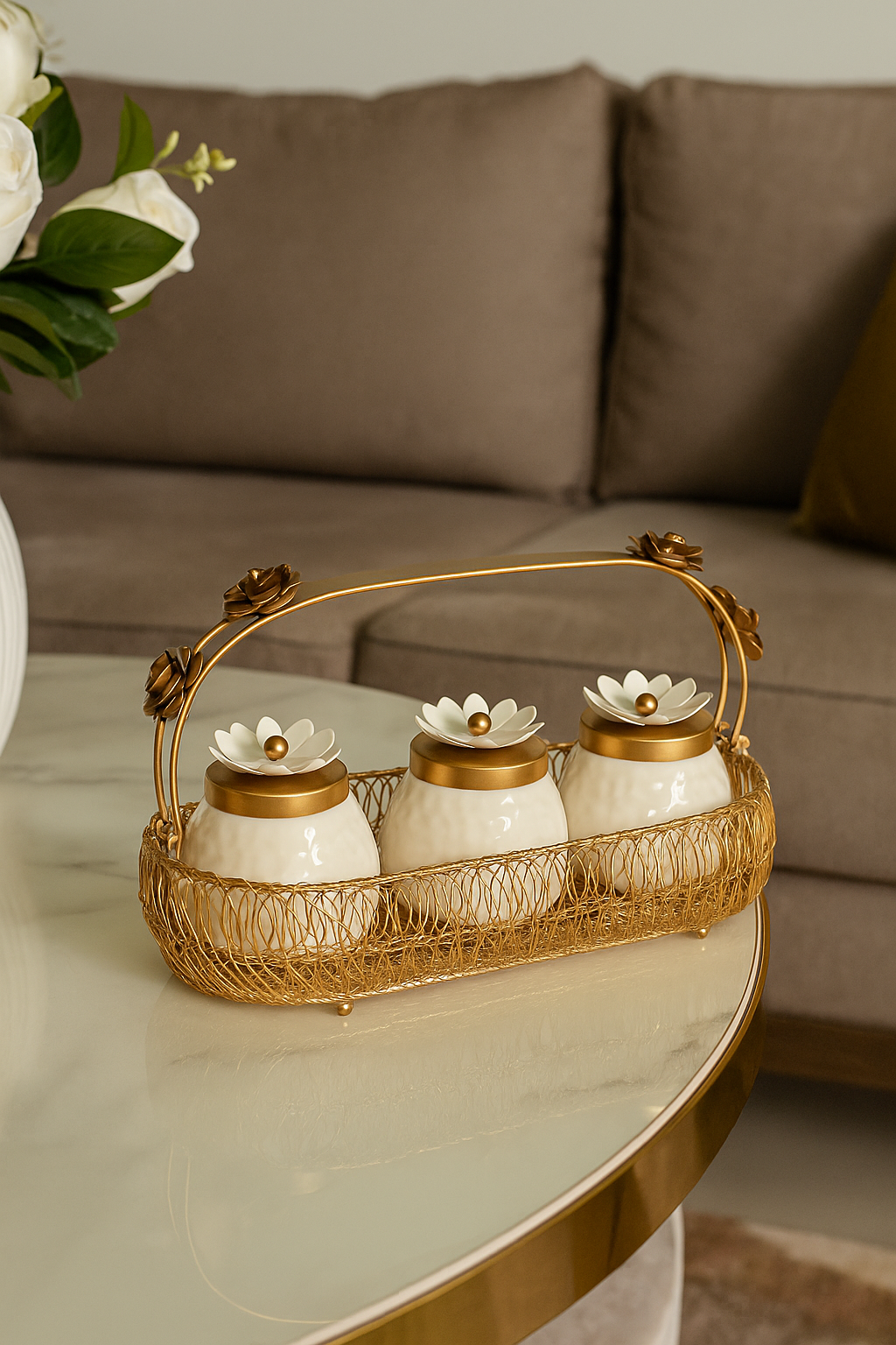 Handcrafted Jar Set with Floral Lid & Basket