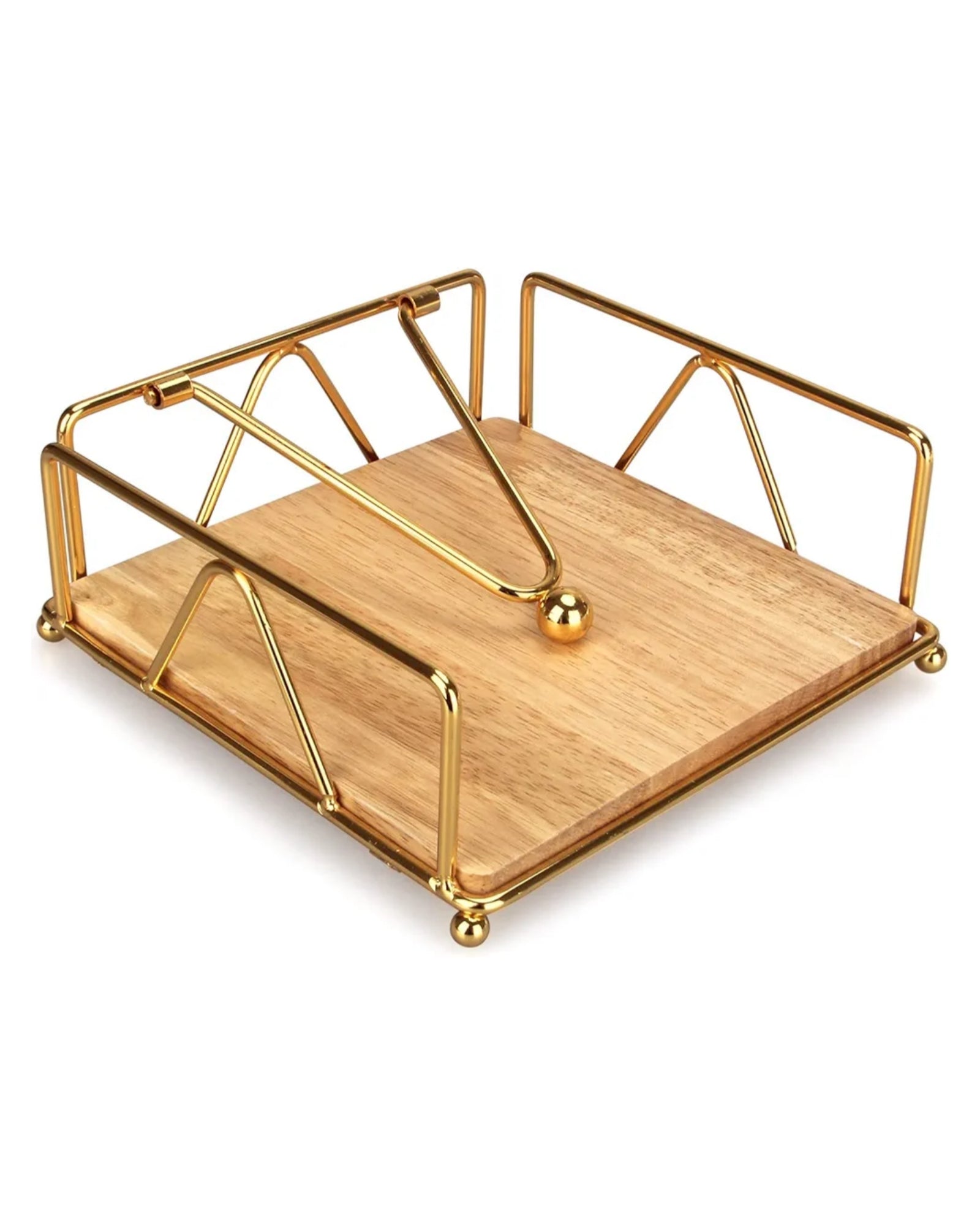 Luxe Gold Metal & Wood Napkin Holder with Weighted Arm