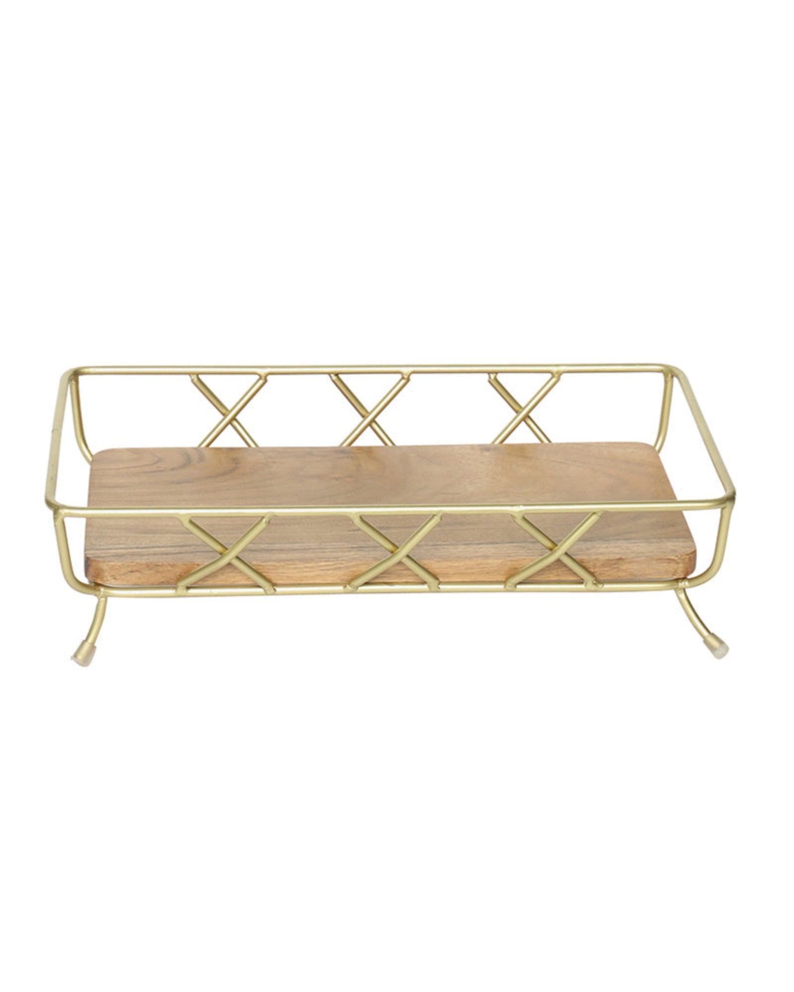 Elegant Gold Metal Serving Tray with Wooden Base