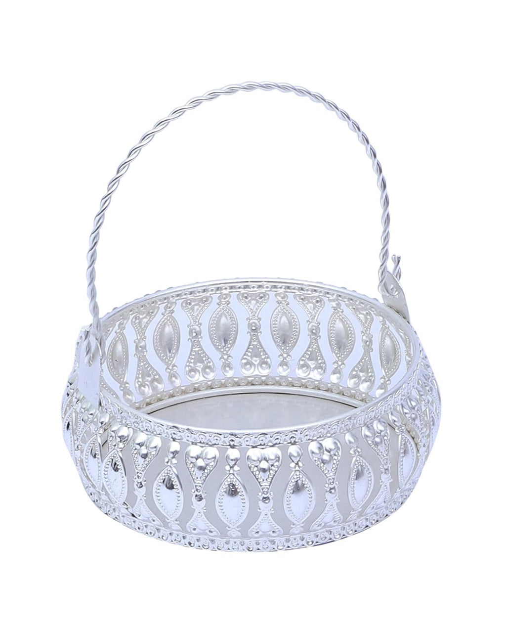 Decorative Silver-Plated Basket with Handle – Floral Cutwork Design