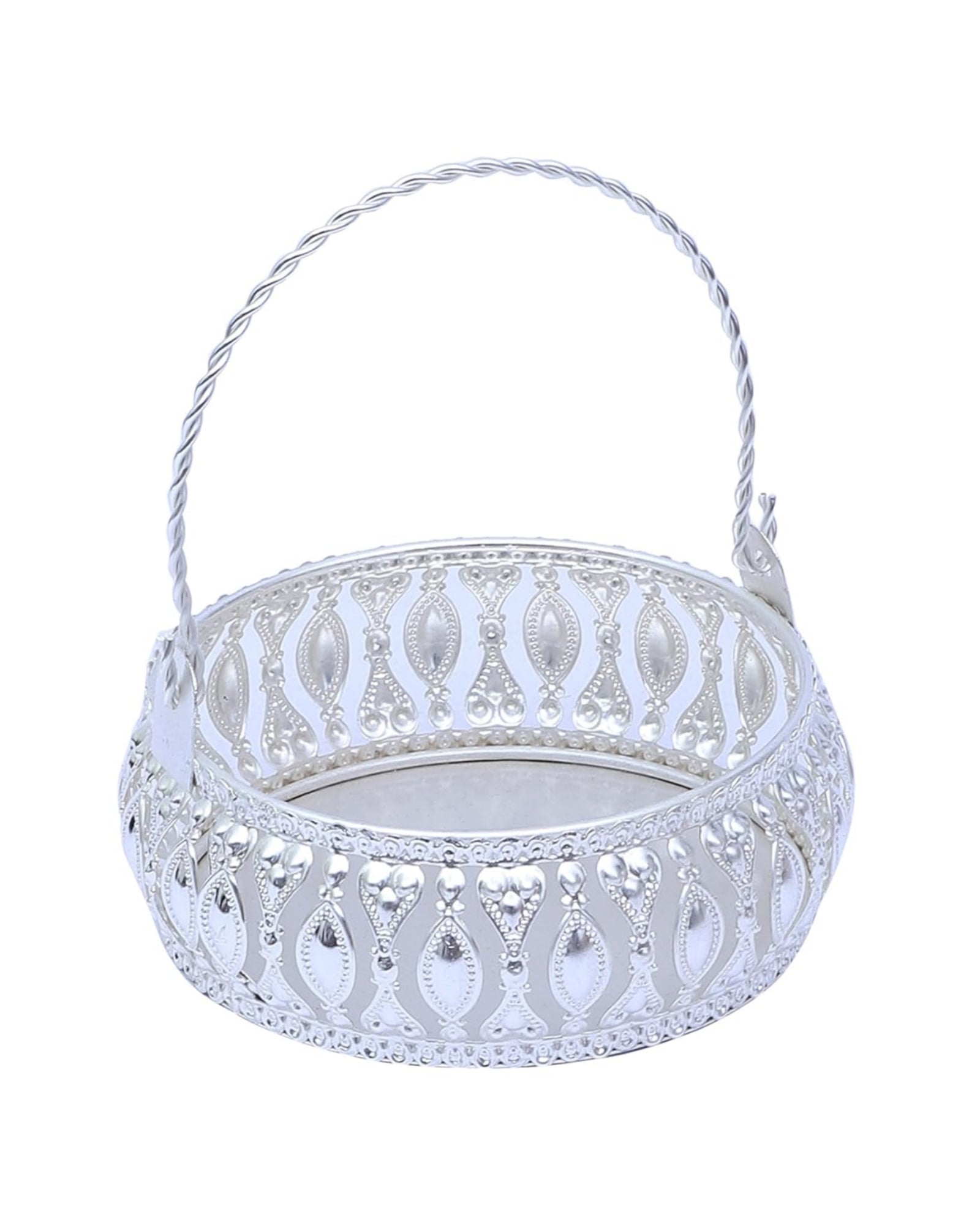 Decorative Silver-Plated Basket with Handle – Floral Cutwork Design