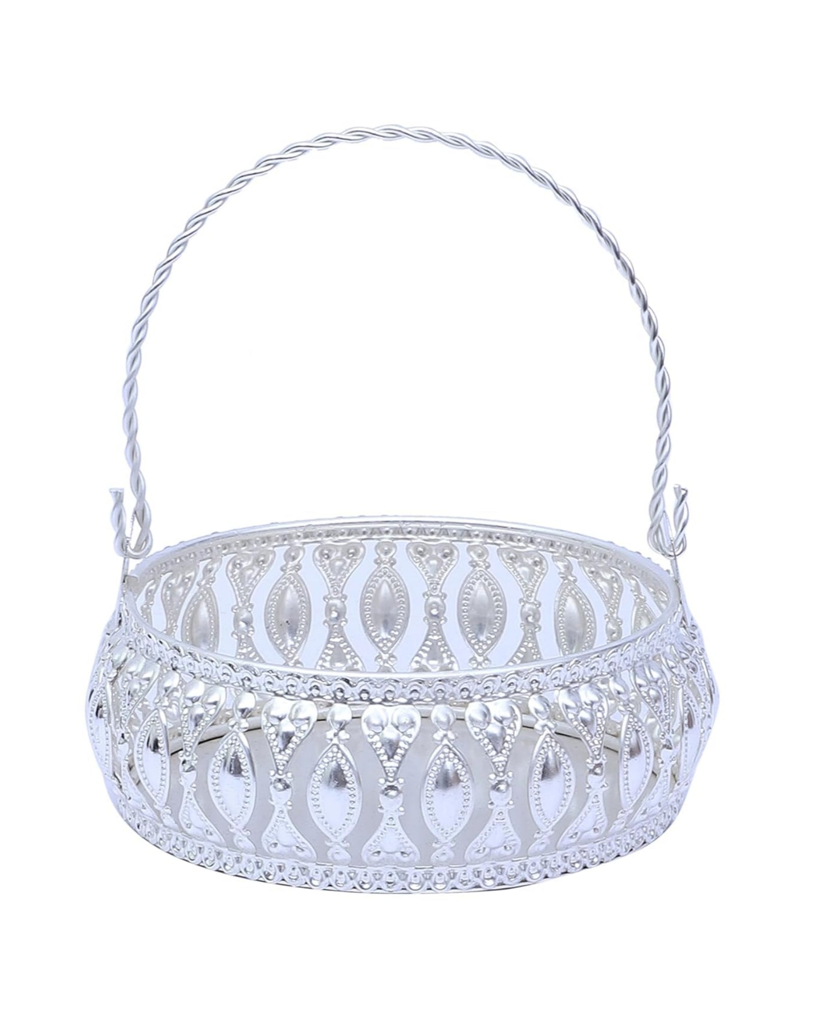 Decorative Silver-Plated Basket with Handle – Floral Cutwork Design