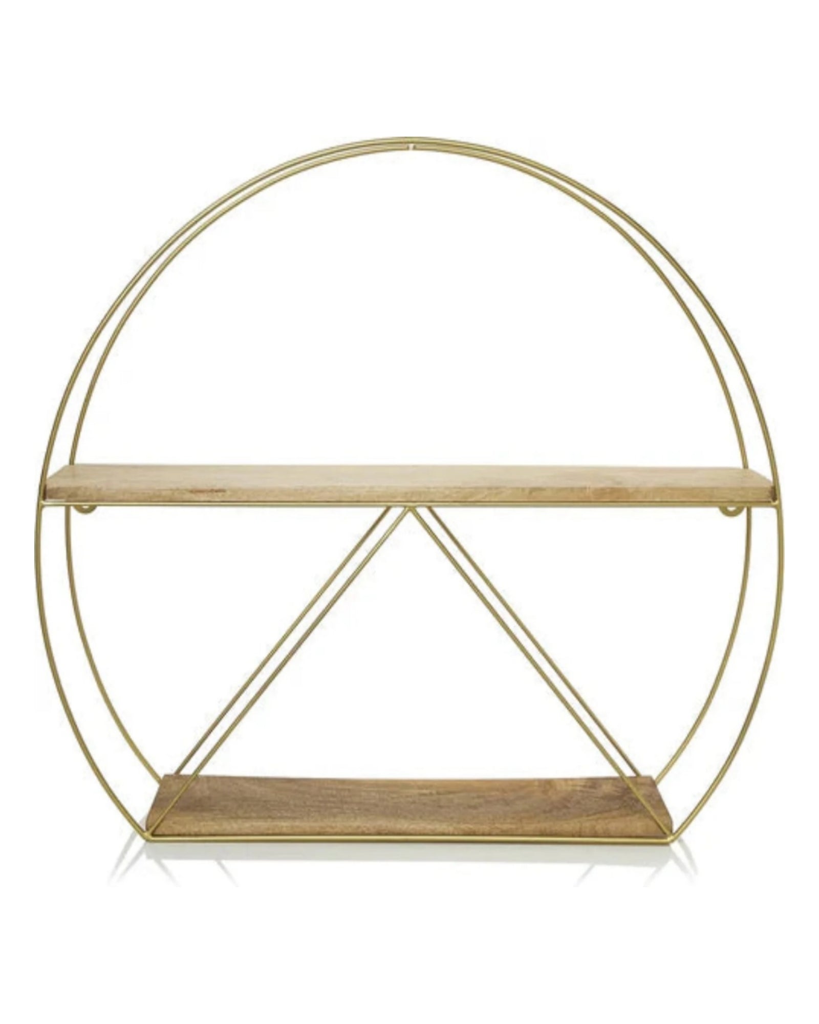 Geometric Round Wall Shelf with Gold Metal Frame & Dual Wooden Tiers