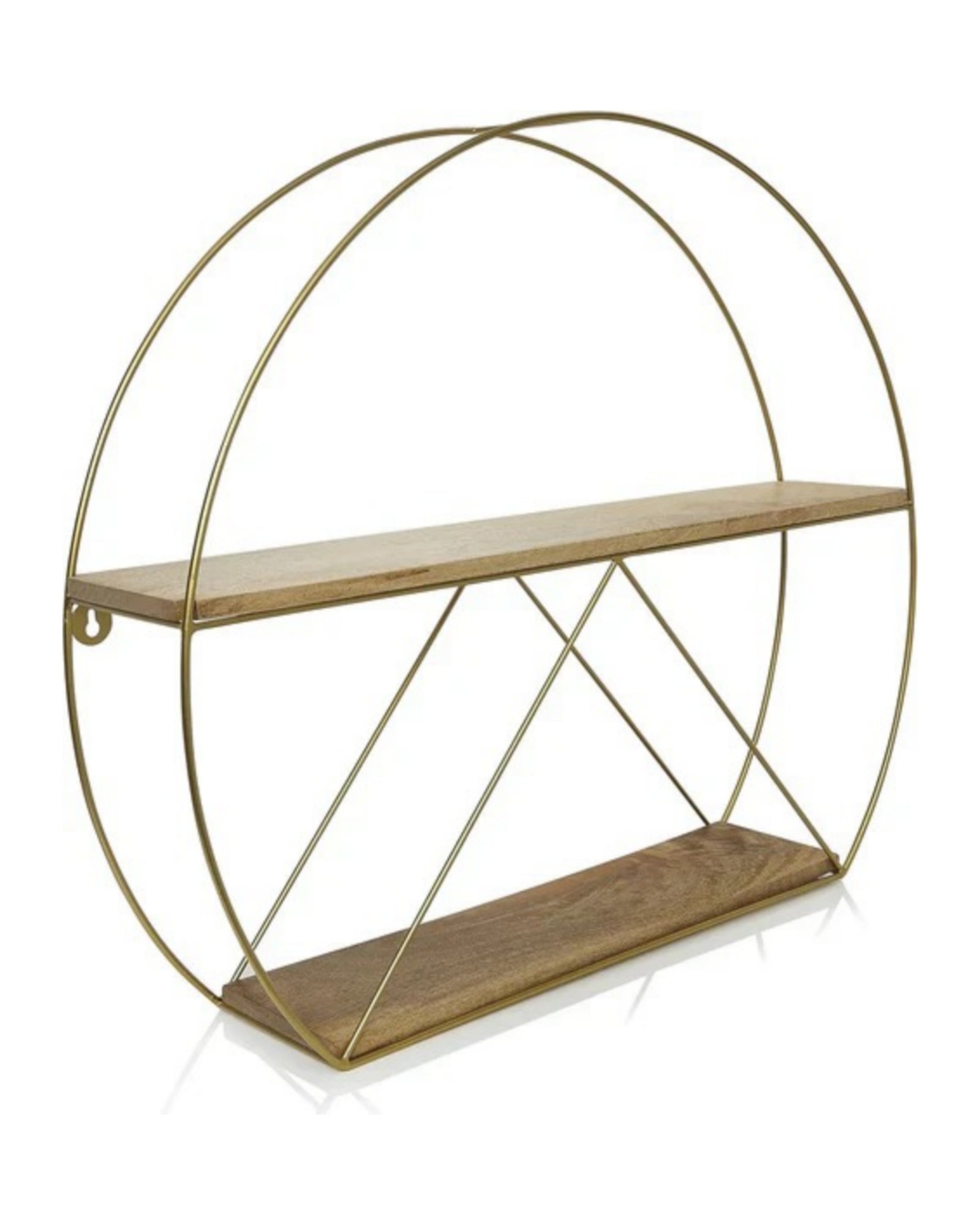 Geometric Round Wall Shelf with Gold Metal Frame & Dual Wooden Tiers