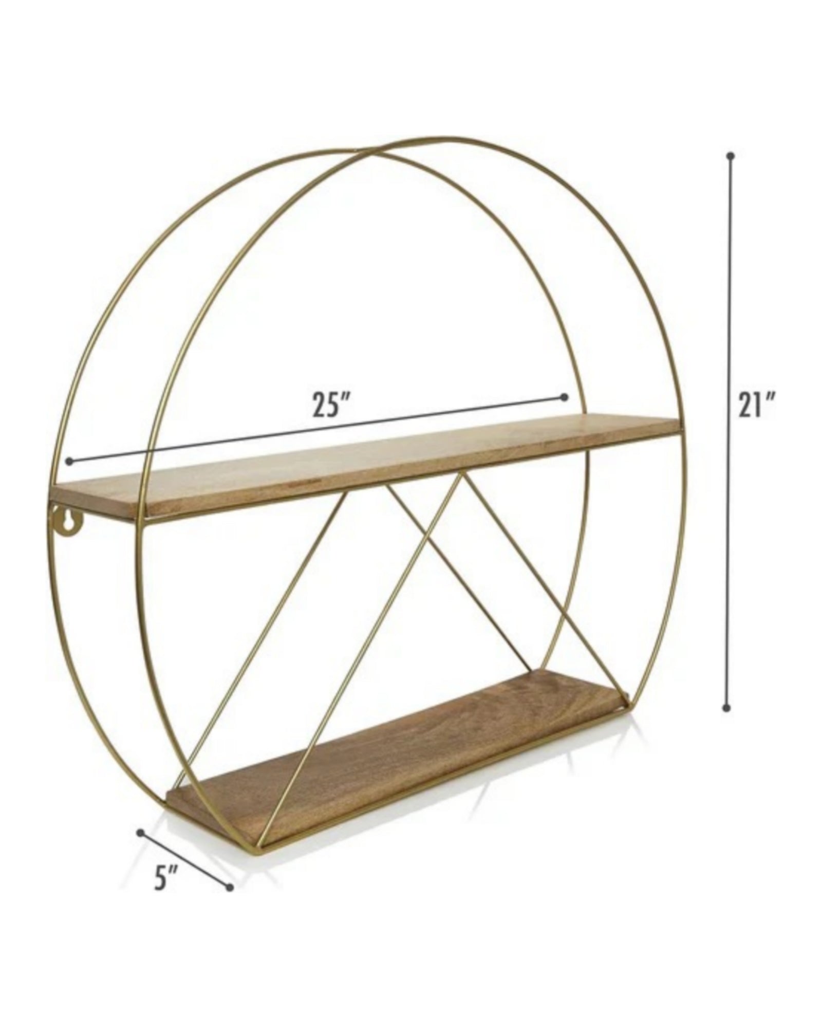 Geometric Round Wall Shelf with Gold Metal Frame & Dual Wooden Tiers