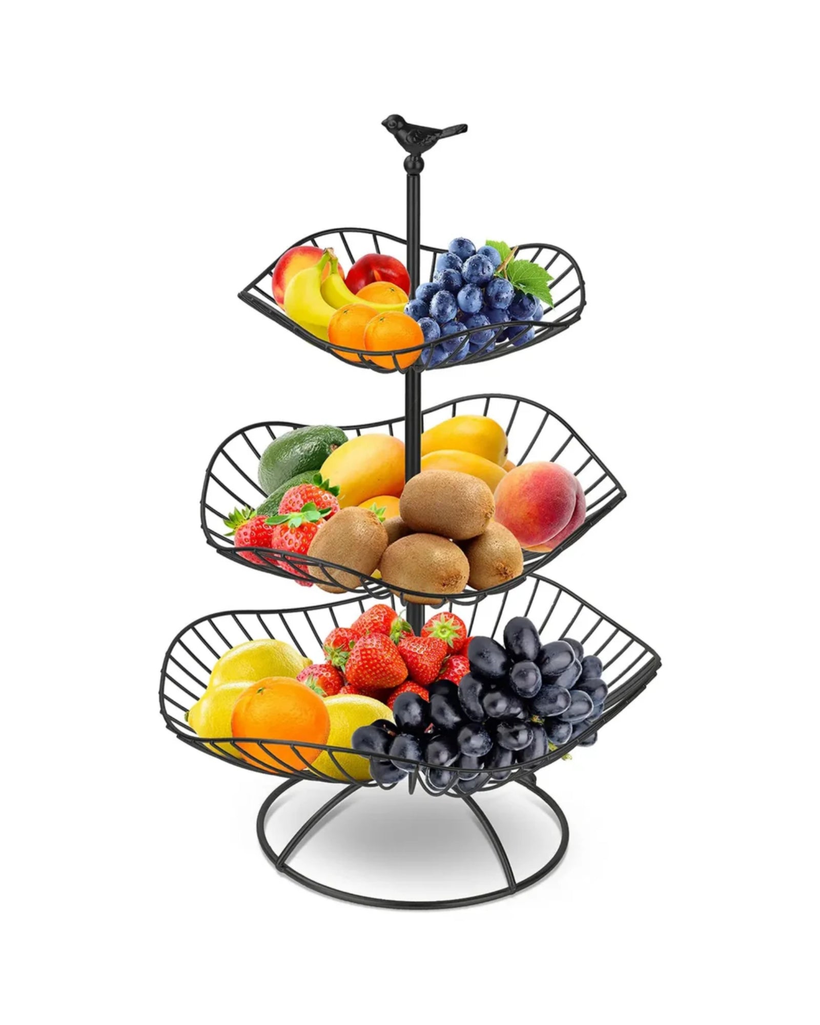 3-Tier Metal Fruit Basket Stand with Bird Top