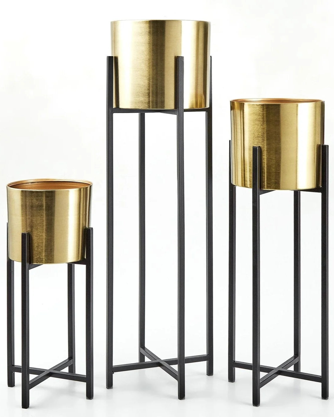 Luxury Gold Metal Planters with Black Iron Stand – Set of 3