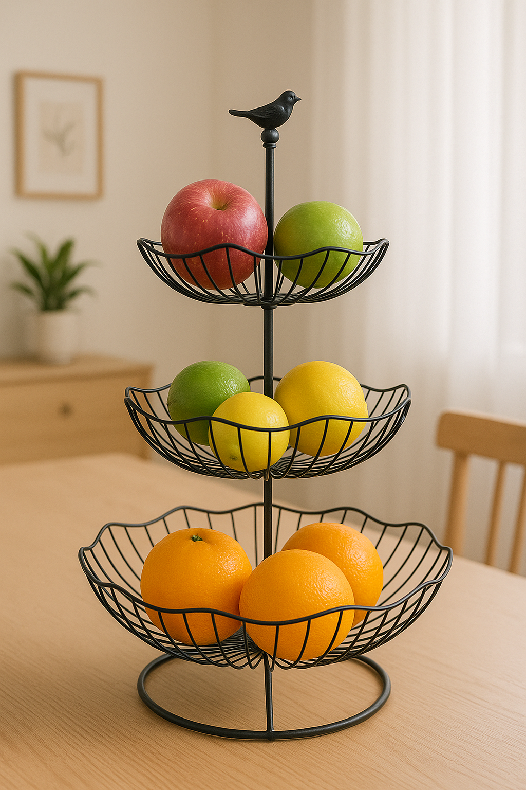 3-Tier Metal Fruit Basket Stand with Bird Top